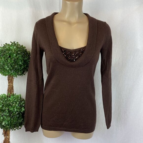 Vertigo Paris Sweaters - Vertigo Brown Rhinestone Bodice Half Sleeve Drape Neck Knit Sweater Top M